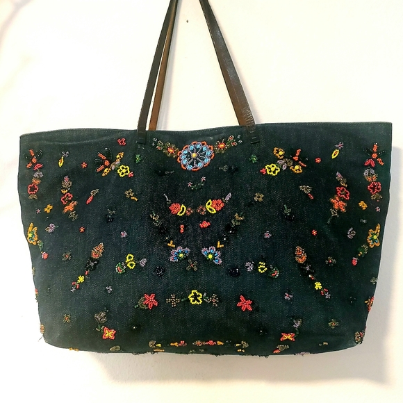 FENDI-Dk. Denim Beaded Emb. Tote Handbag- Vintage RARE - Picture 9 of 13